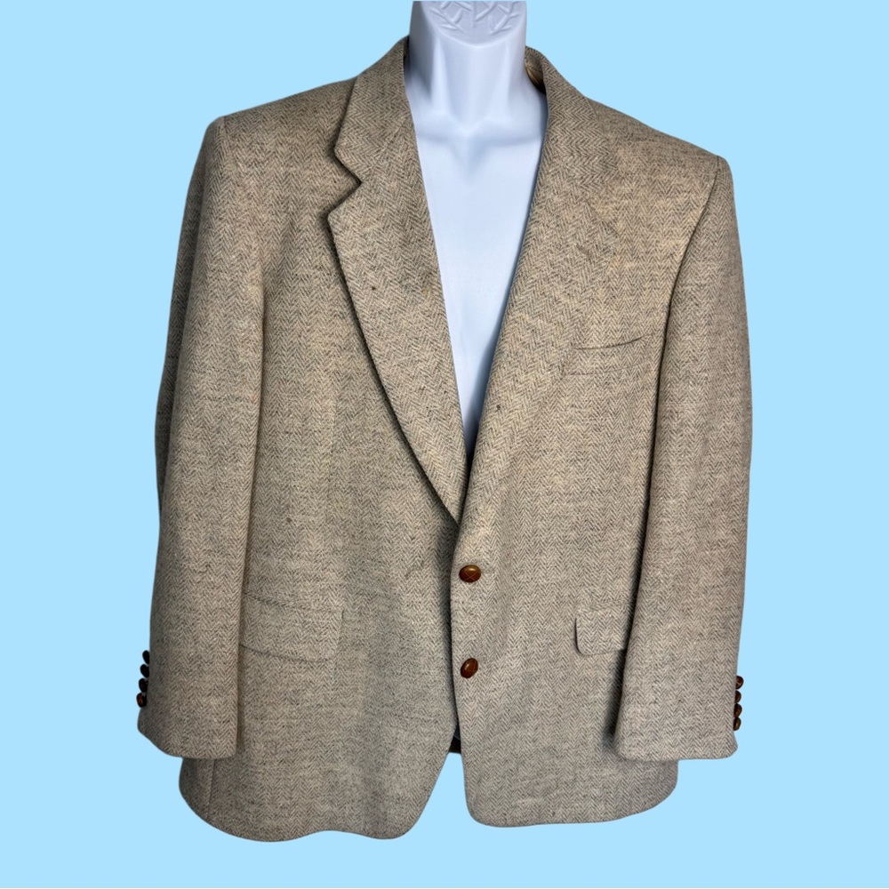 Vintage L’Uomo Textured Herringbone Tweed Beige Suit Jacket Coat 46R Made In USA